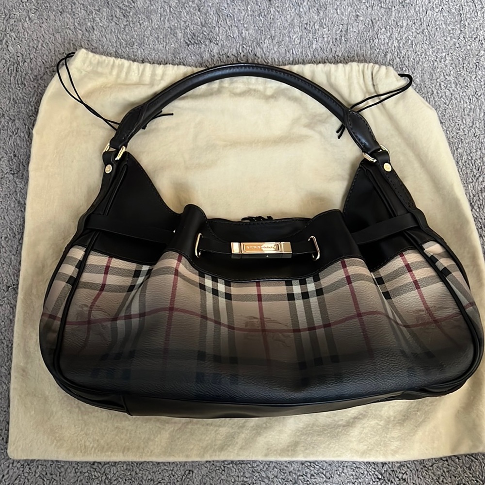 Auth BURBERRY Haymarket Check Shoulder Bag Brown/Beige PVC/Leather.